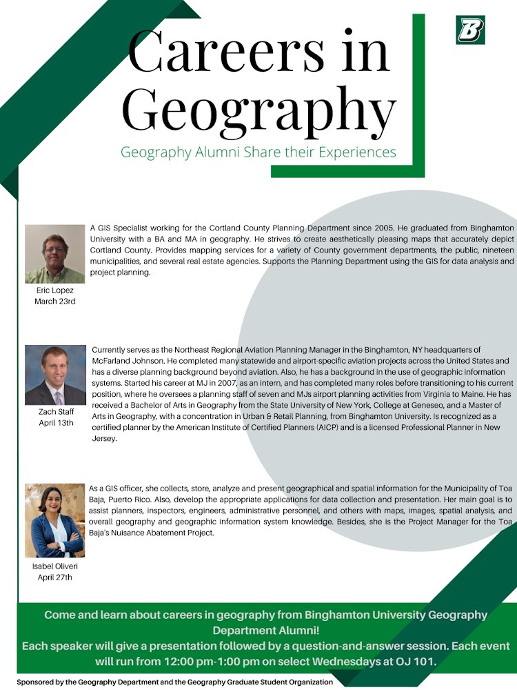 BU_Geography's tweet photo. Career in Geography seminars this semester. Wednesday noon @ OJ 101. Please join these talks and socialize with our alumni who will share their career experiences. Mark the dates😄 https://t.co/u6Wm0hHIVJ