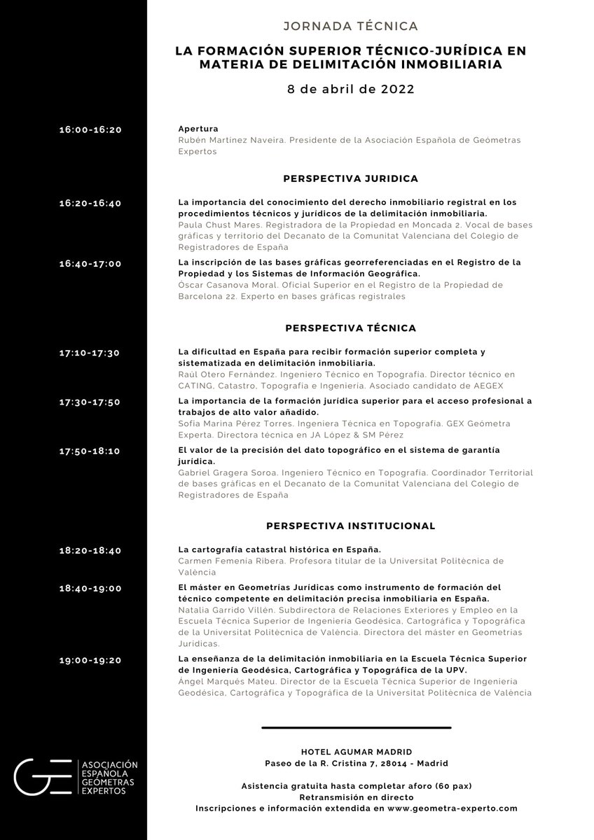 GeometraExperto's tweet photo. @GeometraExperto organiza el día 8 de abril, la #jornadatécnica "La formación superior técnico-jurídica en materia de #delimitación #inmobiliaria. El evento es gratuito en modalidad presencial ( HOTEL AGUMAR MADRID) y online.
Necesaria inscripción

https://t.co/CH7xMiN5a3 https://t.co/fEIX1CZ71X