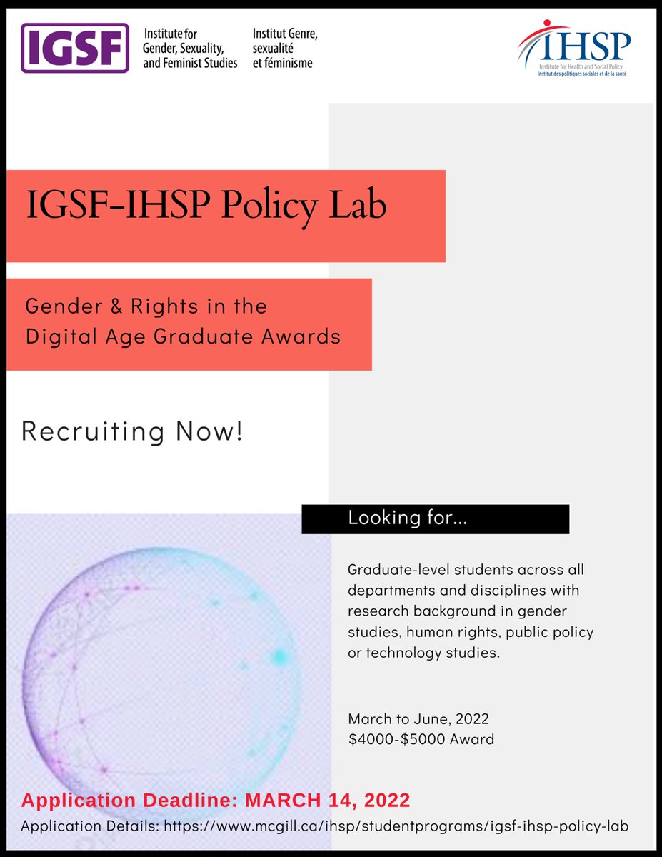 tic_sante's tweet photo. 🗣️Recruitment is now open for IGSF-IHSP Policy Lab Graduate Awards. The McGill team will be led by Prof. Vanessa Ceia (IGSF) and Prof. Natalie Stoljar (IGSF and IHSP). 
Applications from McGill MA and PhD students from all disciplines are welcome. https://t.co/aNJ8YR3kHI