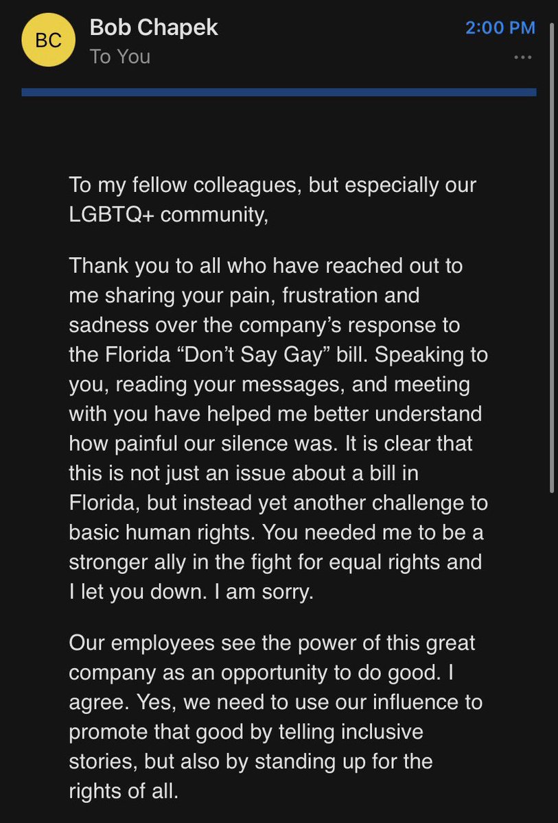 AnnaForFlorida's tweet photo. Email from @Disney CEO to employees apologizes for their silence towards the #DontSayGay bill, and says they will re-evaluate their political giving and are “pausing all political donations in the State of Florida pending this review.” https://t.co/zn6fTuxMCN