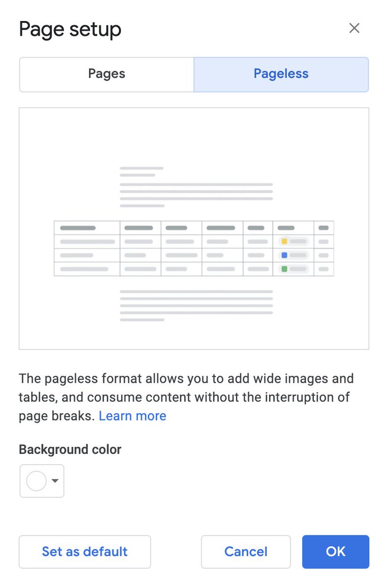 justalittleguy3's tweet image. Hey CPS folks, we now have &quot;pageless&quot; Google Docs! This is way better for content that lives on the internet rather than content that needs to be printed.  

File➡️ Page Setup

It differs significantly from print layout; try it today! #CPSGoogle #googleET #cpstech