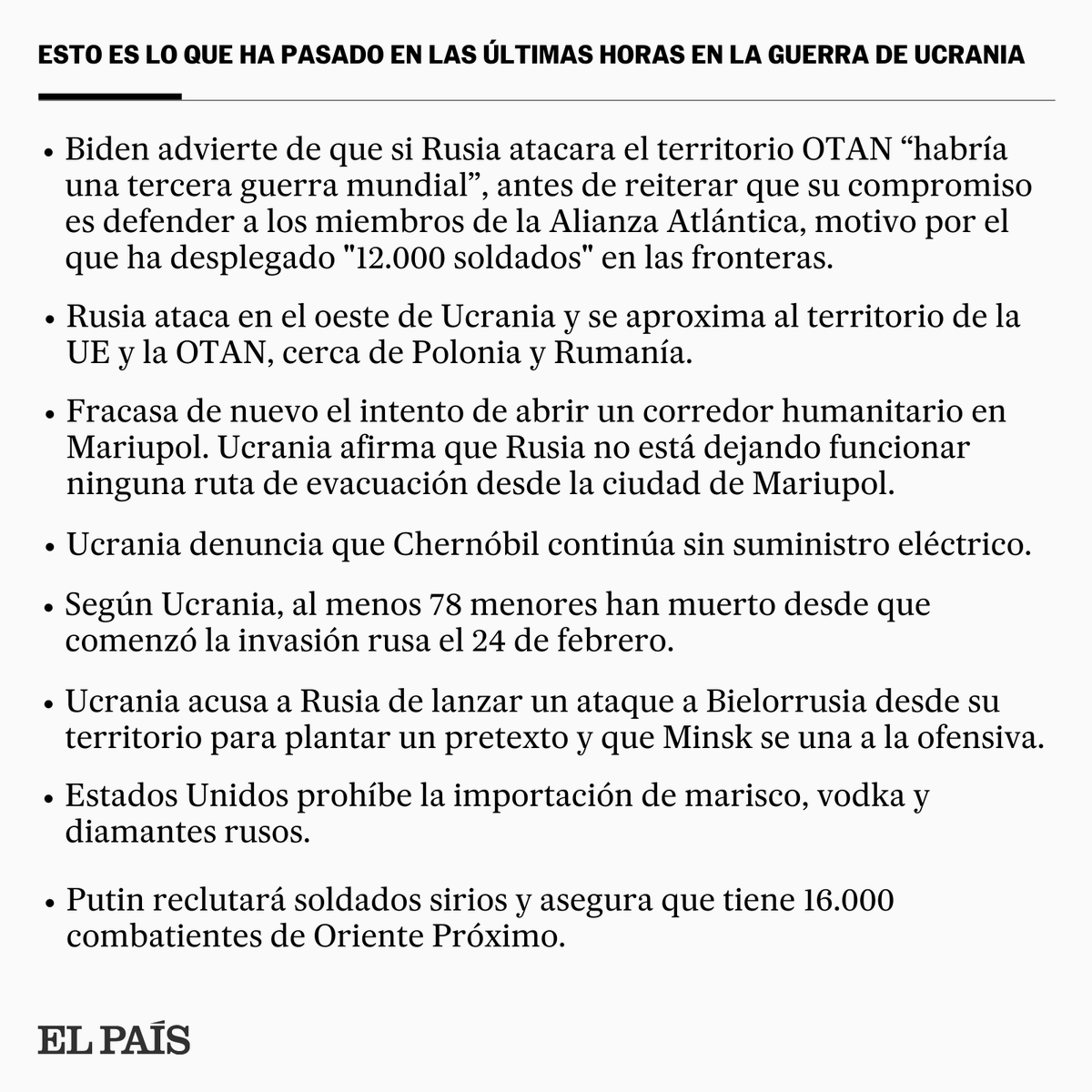 el_pais's tweet photo. 🔴 DIRECTO | Biden advierte de que si Rusia ataca a la OTAN "habría una tercera guerra mundial". Este es el resumen de lo ocurrido en las últimas horas de la invasión de Rusia a Ucrania. Sigue aquí toda la información en directo 👉 https://t.co/1hRispFPZ1 https://t.co/VlNPneixwK