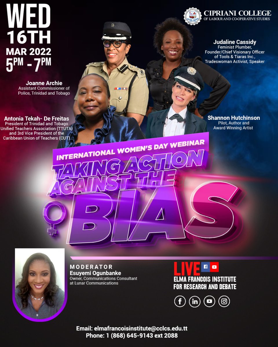 The campaign theme for IWD 2022 is #BreakTheBias. Whether deliberate or unconscious, bias makes it difficult for women to move ahead.

Join our esteemed panel as they go head on with #breakthebias Wednesday 16th March 2022 @ 5PM!

▫️Link: youtu.be/GqU-Xzx5Gk4