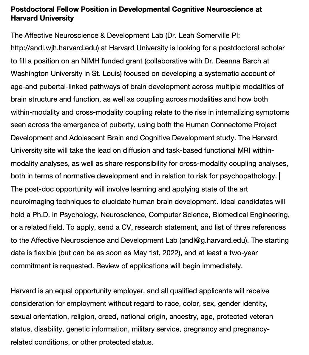 ANDL (@andl_harvard) on Twitter photo Here is the official ad for our postdoctoral position starting in Summer 2022. If you’re interested or have questions, please email  a statement of interest + CV to andl@g.harvard.edu. To learn more about us, see: andl.wjh.harvard.edu Here is the official ad for our postdoctoral position starting in Summer 2022. If you’re interested or have questions, please email  a statement of interest + CV to andl@g.harvard.edu. To learn more about us, see: andl.wjh.harvard.edu