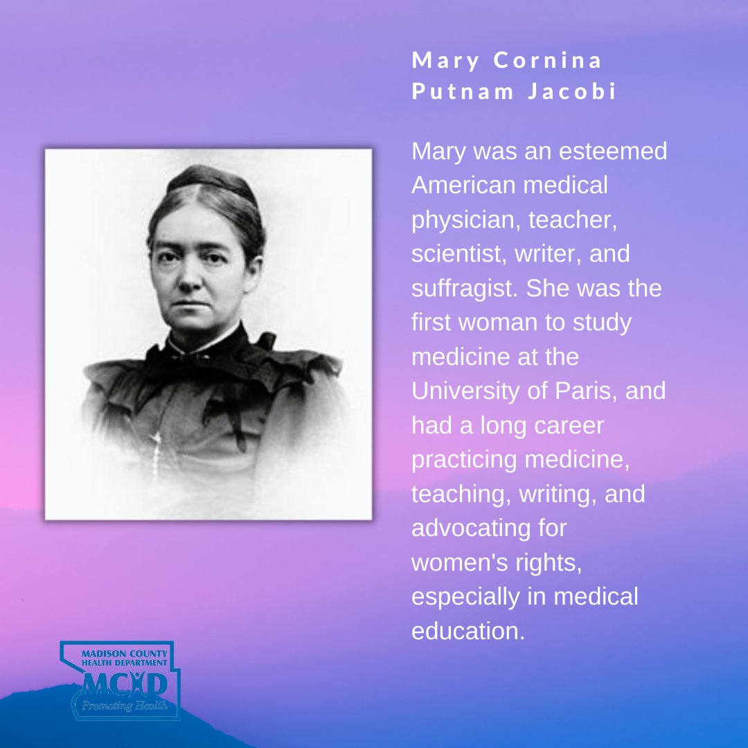 MadisonCHD's tweet image. March is Women's History Month, and the Madison County Health Department would like to honor the woman in history whose legacy in health and science paved the way for the women of today.