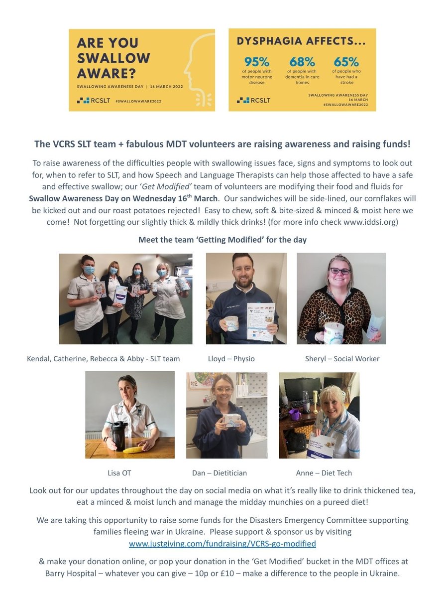 Swallowing awareness day 16.3.22.The Vale Community Resource Service SLT's &amp; MDT volunteers are raising awareness &amp; funds! We will be modifying our diet &amp; fluids for the whole day &amp; experiencing a small glimpse of what the people we support face everyday.
justgiving.com/VCRS-go-modifi…