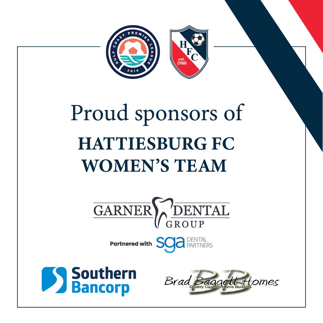 Hattiesburg FC Women would like to Thank our WGCPL Jersey sponsors. 

Garner Dental Group 
Southern Bancorp 
Brad Baggett Homes 

We really appreciate their support!
