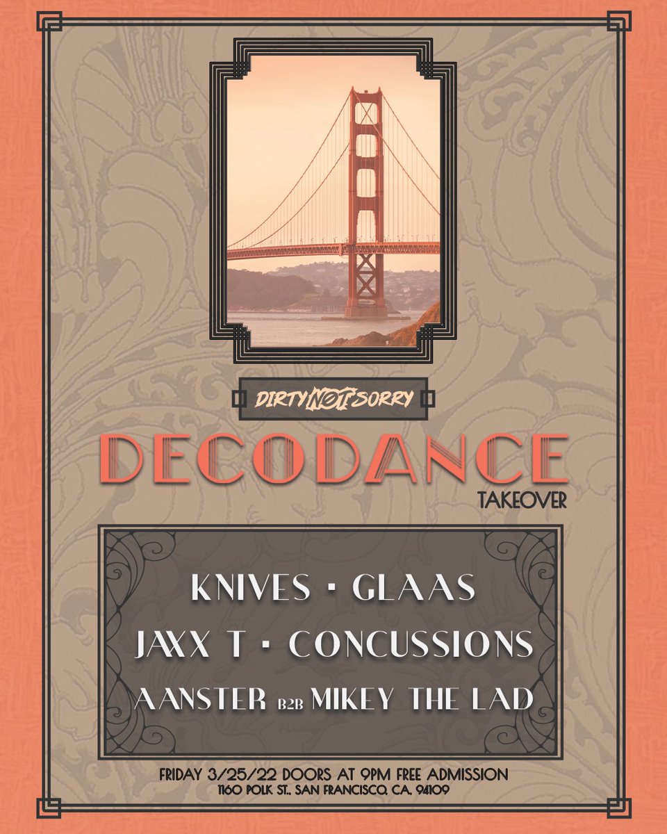Friday announcement❗️2 weeks from today (Fri. 3/25) the <a href="/dirtynotsorry/">Dirty Not Sorry</a> crew is headed to Decodance for our first takeover 💃🕺

Featuring <a href="/iamnotjasper/">Jasper Tay</a> + <a href="/aanster/">aanster</a> + <a href="/mikey_the_lad/">Tech House’s #1 Lad🥇🏆🍻</a> + More 🔊

FREE entry all night from 9PM till close ✅