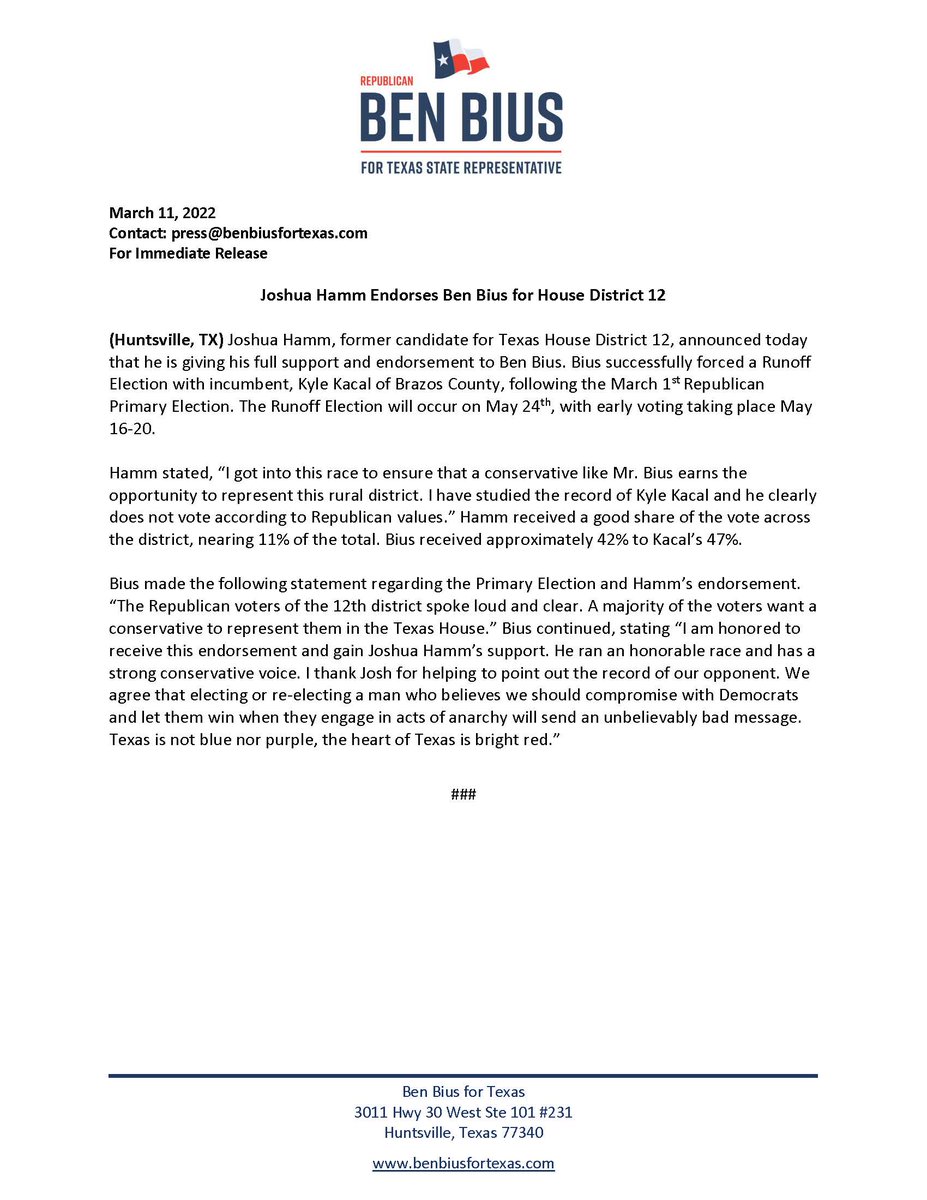 BenBiusTX's tweet photo. I am pleased to announce that I have received Joshua Hamm's endorsement. Joshua ran an honorable race and has a strong conservative voice, we are excited to have him on our team. https://t.co/Kh3pCvqUxo