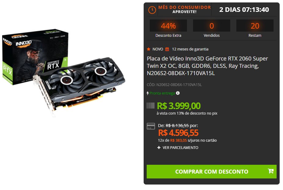 Terabyteshop's tweet photo. 🚨 OFERTA!!! 🚨

Placa de Vídeo Inno3D GeForce RTX 2060 Super Twin X2 OC, 8GB, GDDR6, DLSS, Ray Tracing, N206S2-08D6X-1710VA15L

Por apenas: R$3.999,00
ou 12x de R$383,05 sem juros 💳 

🛒 Link da compra: 
https://t.co/EphUGglVpW https://t.co/DWRyLN744i