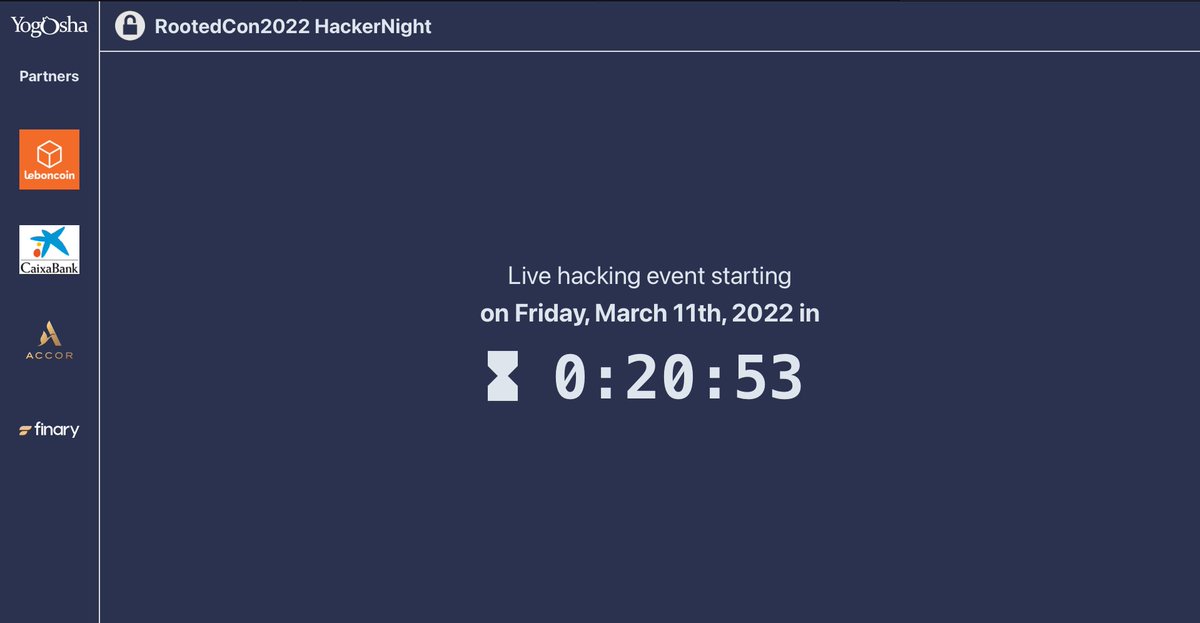 Our live hacking event in RootedCon 2022 in Madrid will start in some minutes! Let the show begin! 🔥🔥 Follow the updates in real-time via our live scoreboard live.yogosha.com/rootedcon