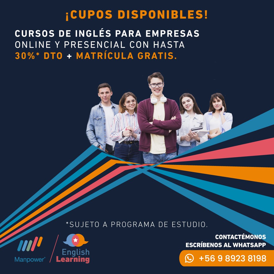 ManpowerEnglish's tweet photo. Aprende inglés con el prestigio de Manpower.
Estamos preparados para formarte y desde ya fortalecer tu próxima carrera universitaria. 
Matricúlate gratis en nuestros cursos de inglés online con profesores en vivo o presenciales y obtén hasta 30% dto en el arancel. https://t.co/Fcqxs7epaV