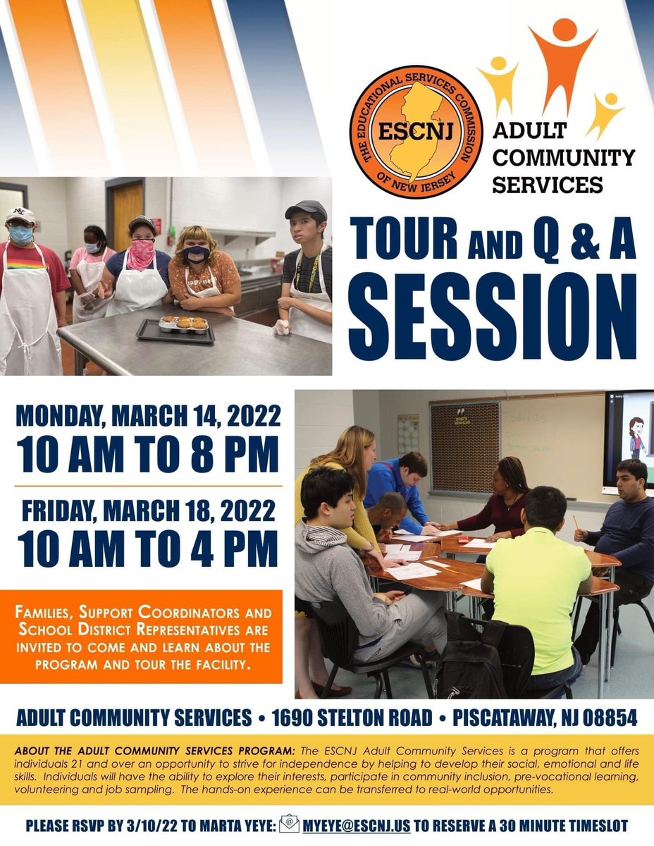 ESCofNJ's tweet photo. First Session Happening Monday!
Adult Community Services will be hosting two Tour and Q&A Sessions on March 14 and March 18, both starting at 10 AM.
Come learn about the program! RSVP to Marta Yeye at myeye@escnj.us to reserve your 30-minute time slot. #ESCNJ #ACSNJ https://t.co/a7QCGaisk0