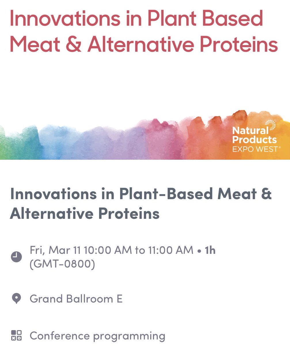 Session to check out today: Innovations in Plant-Based Meat and Alternative Proteins with <a href="/SPINSllc/">SPINS</a>, <a href="/GoodFoodInst/">The Good Food Institute</a> and leading industry innovators. A great session to help understand these growing (and increasingly complex) categories. #expowest