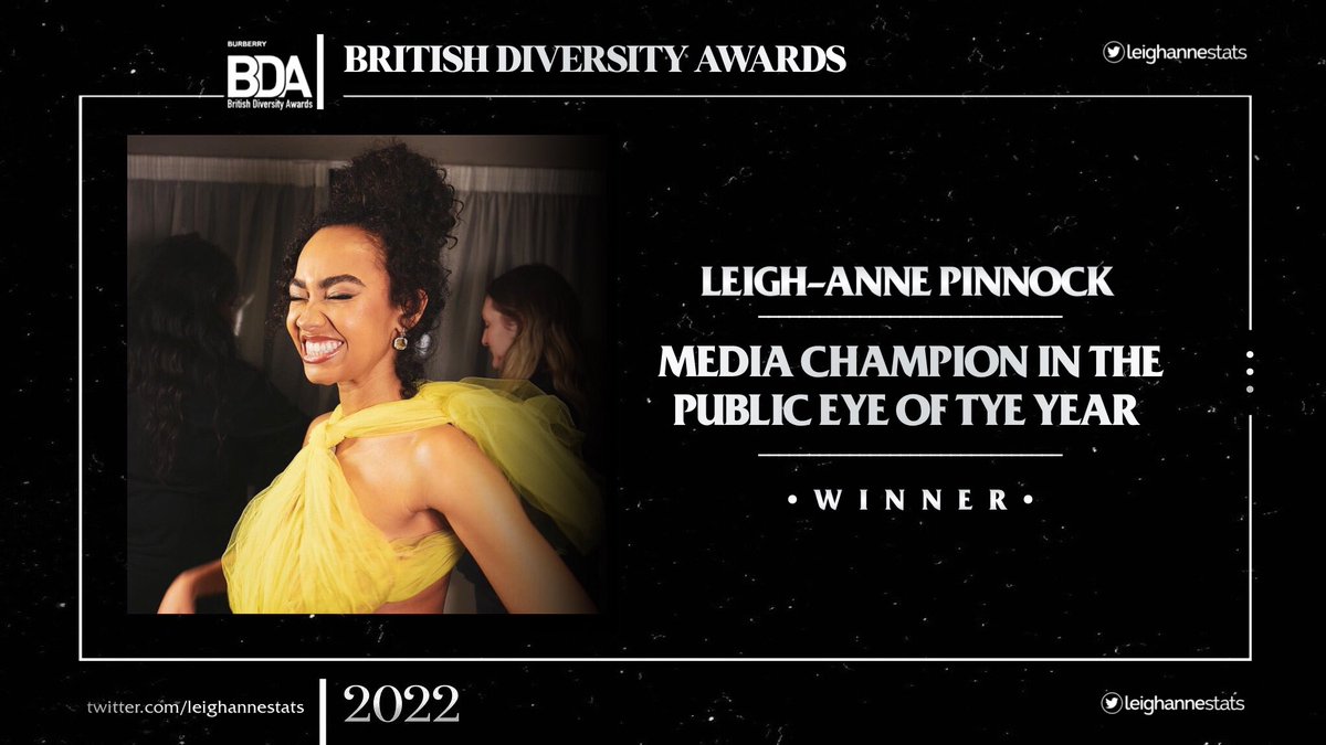 LeighAnneStats's tweet photo. Leigh-Anne Pinnock has won the award for ‘Media Champion in the Public Eye of the Year’ at the 2022 British Diversity Awards. #BDA22 

— Congrats Leigh! @LittleMix 💛 https://t.co/YIm1sUa4U9