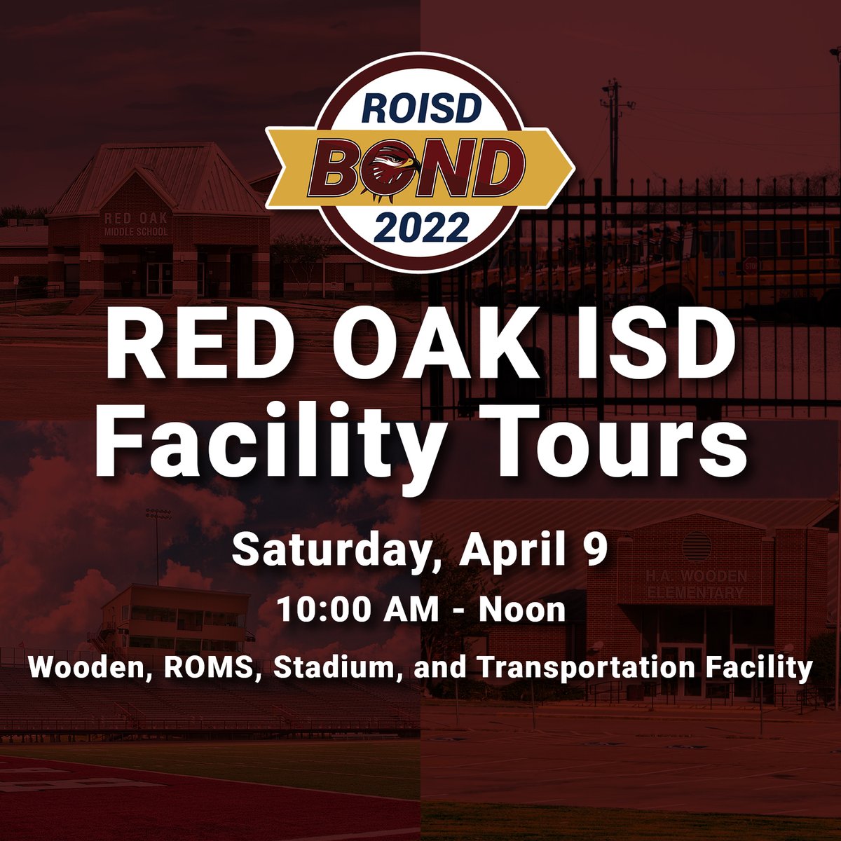 redoakisd's tweet photo. Are you interested in touring some of the facilities that are on the upcoming Bond? On Saturday, April 9 from 10 AM - noon you will have the opportunity to tour Wooden Elementary, @romiddleschool, Goodloe Stadium and the Transportation Facility. Mark your calendar now. #RObond22 https://t.co/H8qtMG9inD