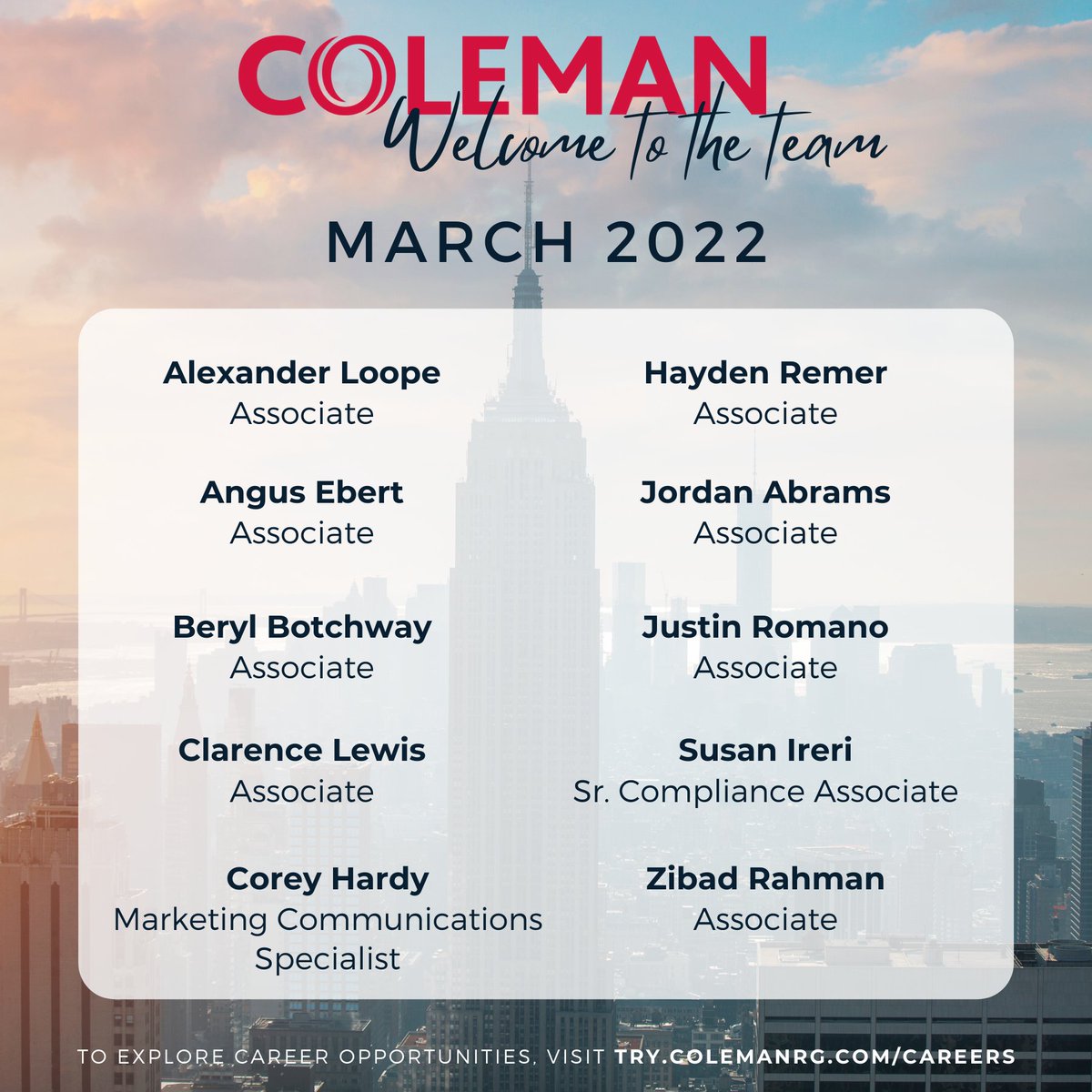 ColemanResearch's tweet photo. Welcome to the team! We value the talents and ideas of everyone on our team, especially our new hires. We can't wait to see what you'll make happen.

#NewHires #WelcomeToTheTeam https://t.co/BobHYAKmeB