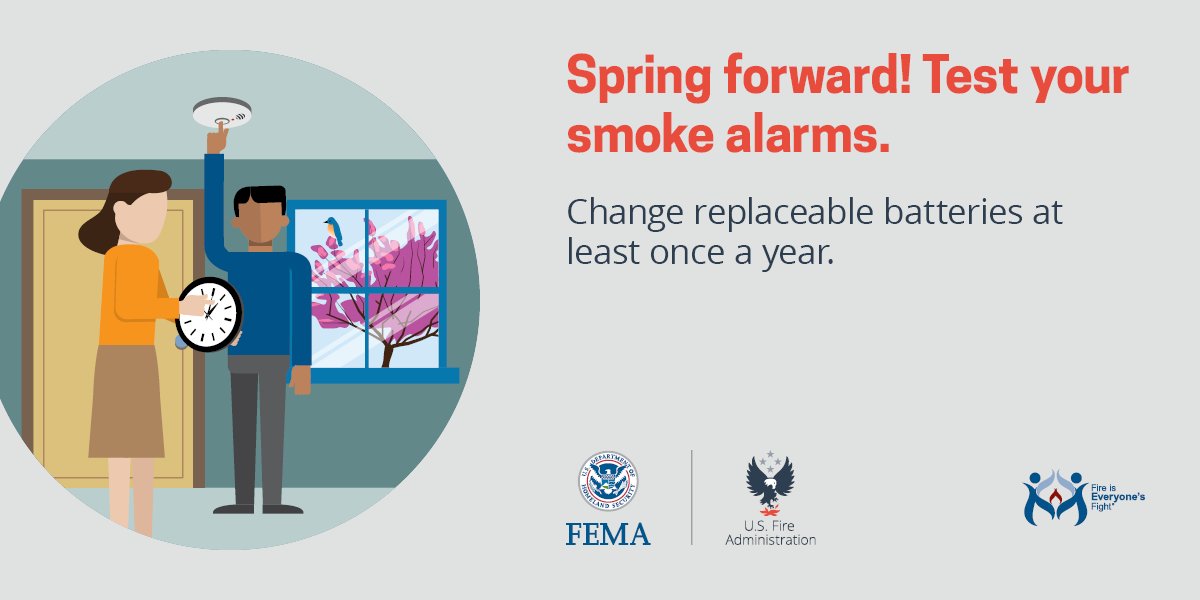 usfire's tweet photo. #SpringForward into fire safety! Test your smoke and carbon monoxide alarms when you change your clocks this weekend! https://t.co/lnSMRbC4pe