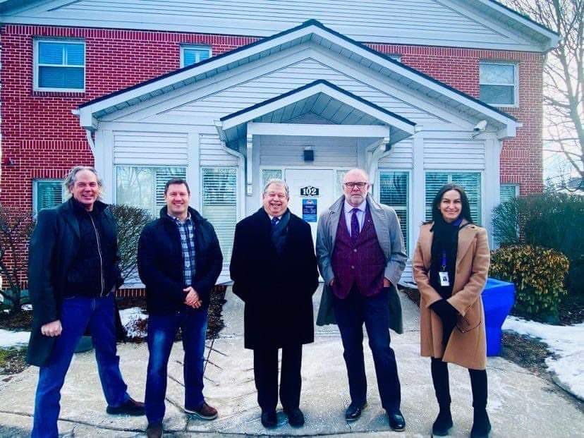 The Kiwanis Club of Welland donates $50,000 to Pathstone Mental Health for the River Road RENO Campaign.  Seen here with Kim Rossi, Director of Pathstone and Board Chair are club members Paul Gowan, President Vince Ballantine, and Vice President Paul Grenier.