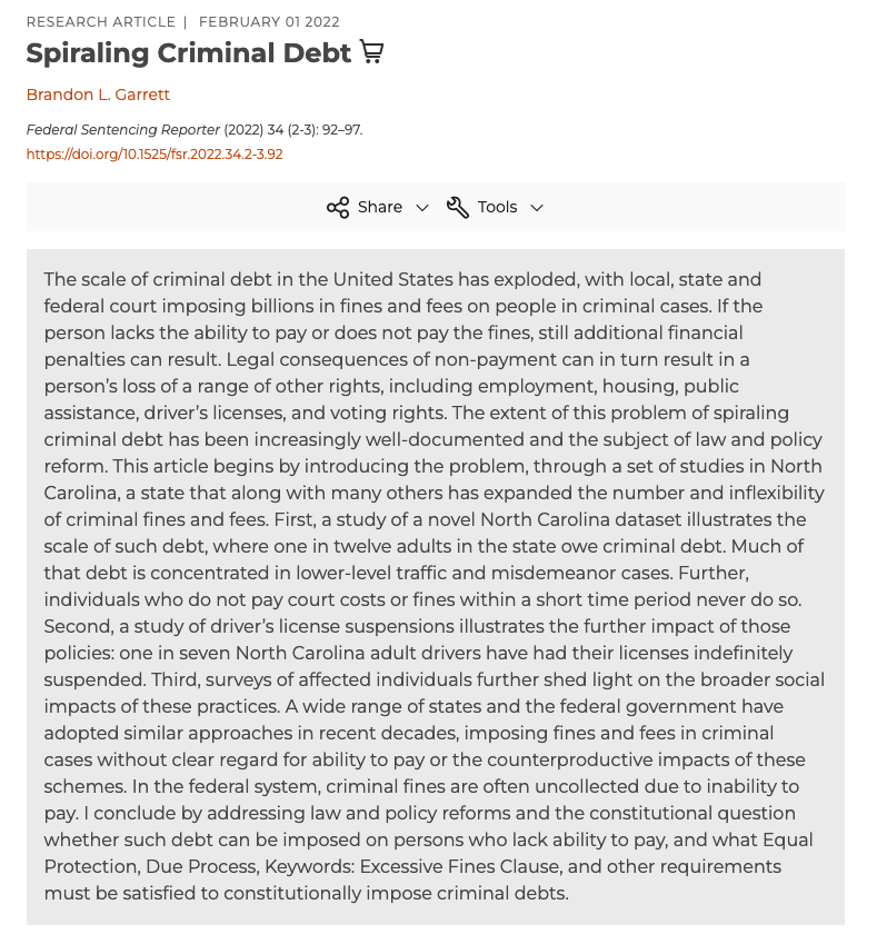DukeLaw's tweet photo. New article by @WilsonCSJ_'s @BrandonLGarrett, '𝚂𝚙𝚒𝚛𝚊𝚕𝚒𝚗𝚐 𝙲𝚛𝚒𝚖𝚒𝚗𝚊𝚕 𝙳𝚎𝚋𝚝,' discusses research on criminal fines and fees and the constitutional threshold for imposing them https://t.co/qDol8bSy5t https://t.co/mjqbNhHZwx