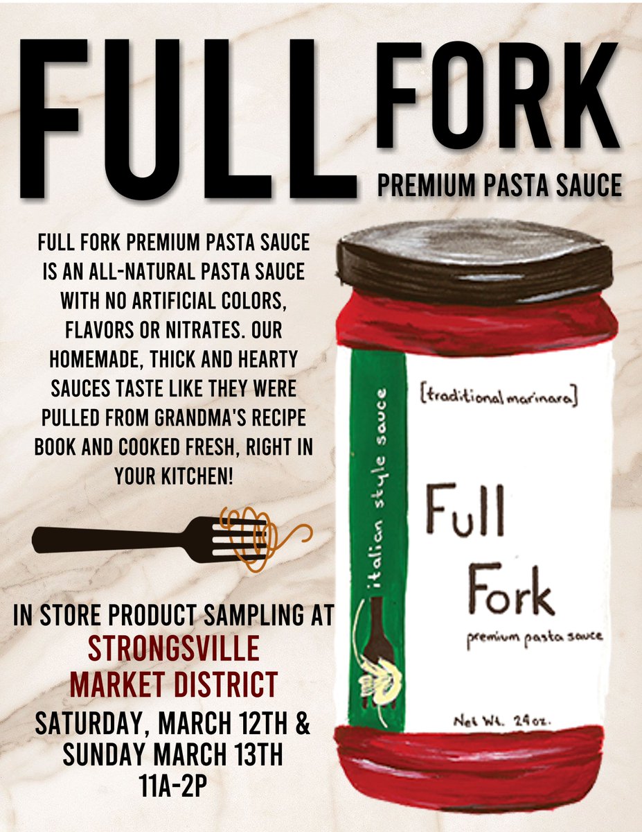 MDStrongsville's tweet photo. Nothing is better than a bowl of pasta with homemade pasta sauce, like Grandma would make! Come try some of Full Fork's Premium Pasta Sauce only at Strongsville Market District this Saturday and Sunday from 11-2p! https://t.co/oa8tMzVrYz