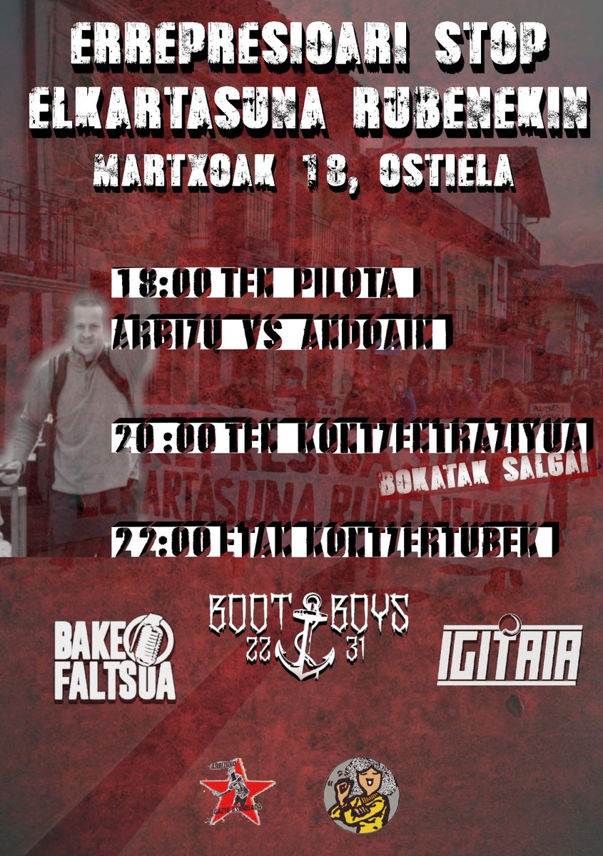 arbizukoAGA's tweet photo. ERREPRESIOA STOP
ELKARTASUNA RUBENEKIN

Estatu Espainarrak aurten ere beste eraso errepresibo bat abiatu du Ruben eta beste hiru kideren aurka. Aurreko urteko kasuak ere aurrera jarraitzen du.

Ikusi dezatela aurrean izango gaituztela!

Erasoen aurrean, klase elkartasuna! https://t.co/HpWyGccjJU