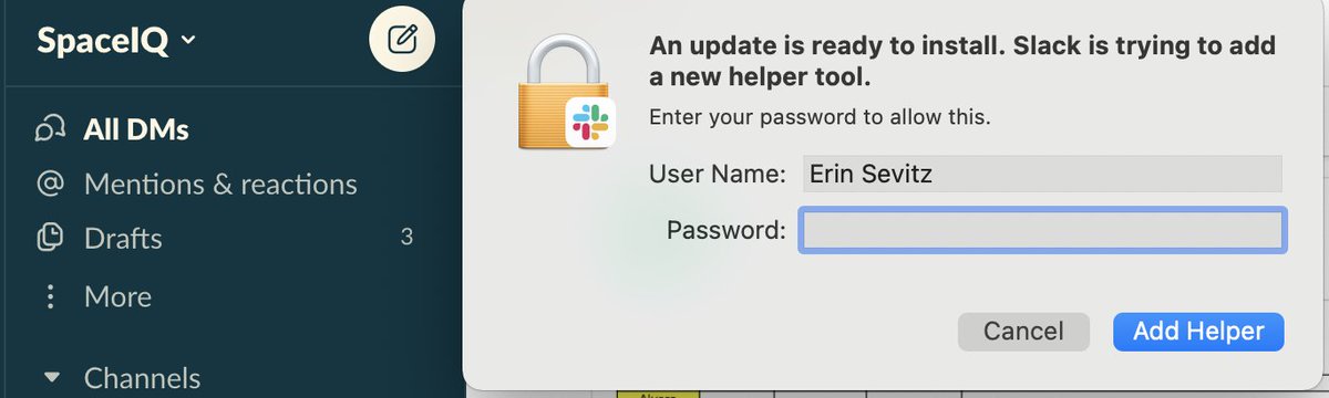 ESevitz's tweet photo. .@SlackHQ Stuck in a loop with this popup. Not sure what the helper tool is or if I want it, but every time I enter my password the popup just reappears asking for it again. Getting an eye twitch after 30+ repeats. 😣 https://t.co/yjY99swIiu