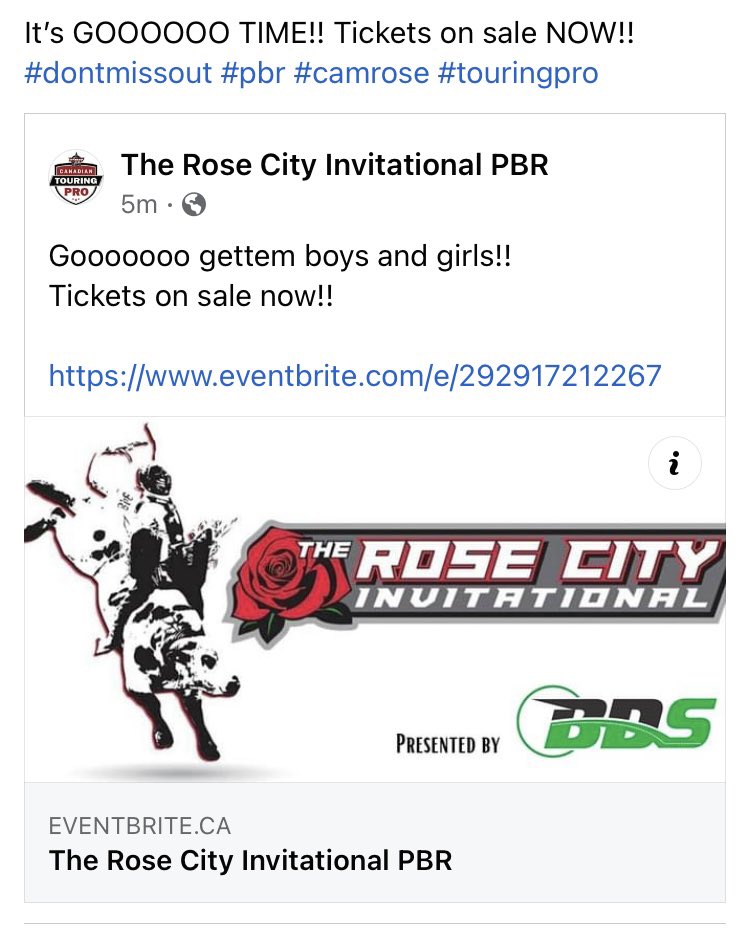 It’s GOOOOOO TIME!! Tickets on sale NOW!!
#dontmissout #pbr #camrose #touringpro

Click Link To Get Your Tickets!!             eventbrite.com/e/292917212267