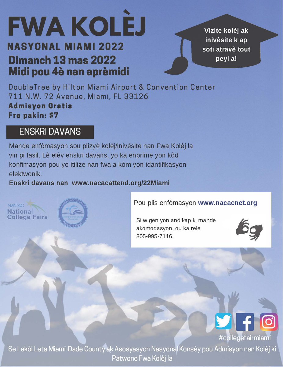 StdtSvcsMDCPS's tweet photo. The Miami National College Fair is this weekend! #CollegeFairMiami  Be sure to join us on Sunday, March 13, 2022 from 12:00 - 4:00 p.m. to visit with colleges and universities from across the country! @MDCPS @NACAC Pre-register here https://t.co/3zh3xRkBxw https://t.co/EKugEivbZ5