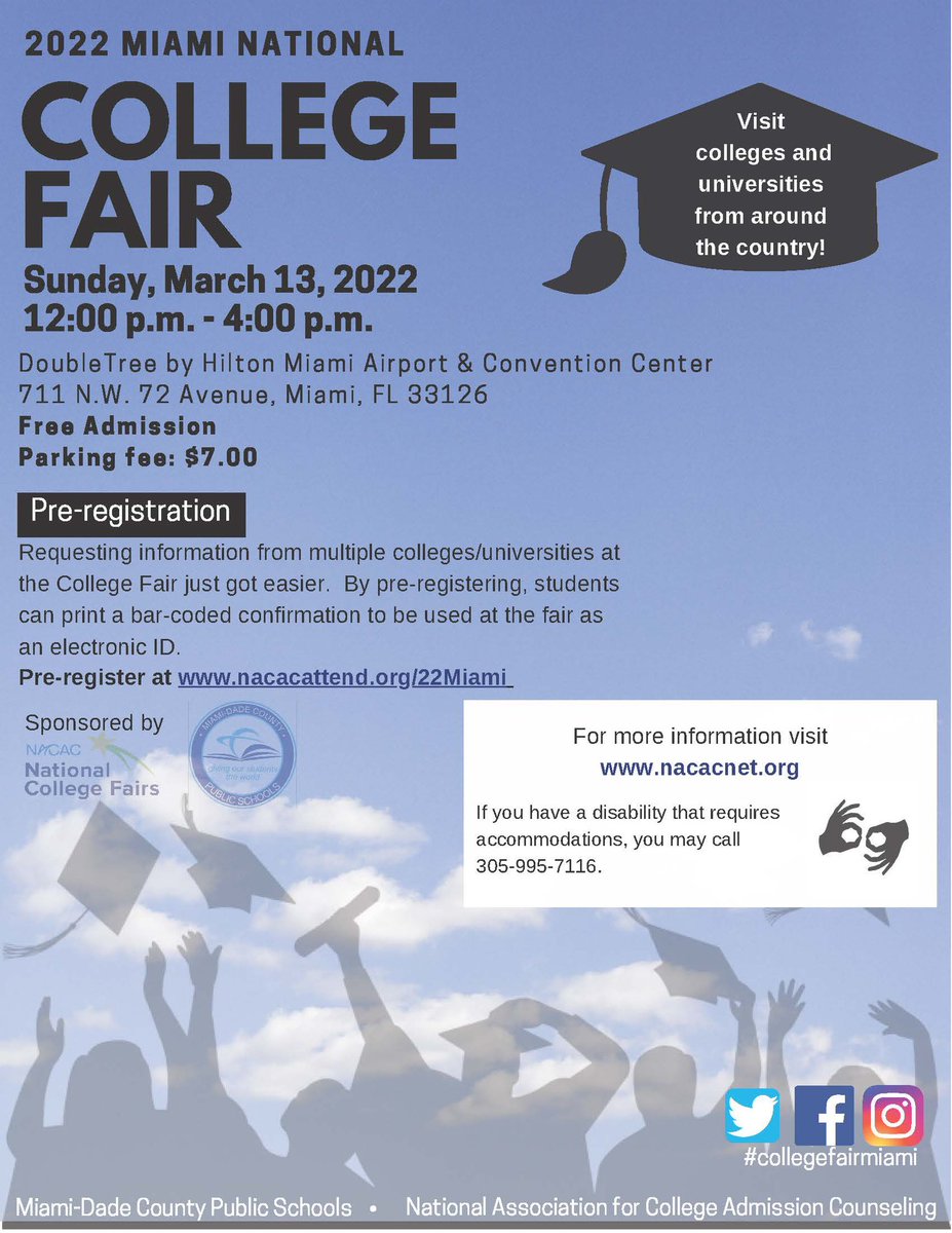 StdtSvcsMDCPS's tweet photo. The Miami National College Fair is this weekend! #CollegeFairMiami  Be sure to join us on Sunday, March 13, 2022 from 12:00 - 4:00 p.m. to visit with colleges and universities from across the country! @MDCPS @NACAC Pre-register here https://t.co/3zh3xRkBxw https://t.co/EKugEivbZ5