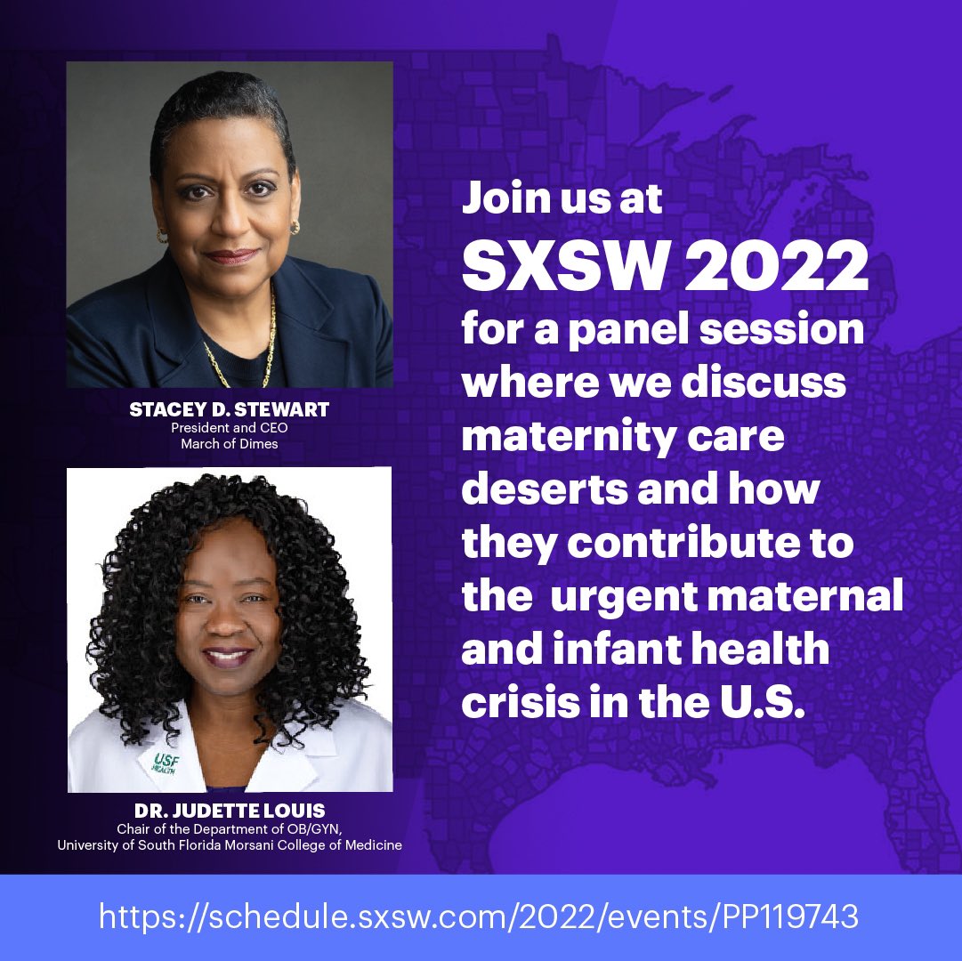 I'm so excited to be attending #SXSW2022 this year for our @MarchofDimes session, “Combatting #MaternityCareDeserts in the U.S.” If you’re attending the conference, be sure to stop by on Sat 3/12 at 11:30am CT at the Austin Marriot Downtown bit.ly/3CzuD7i #SXSWpanel