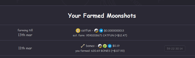 MoonshotsFarm's tweet photo. Our moonshots weekly $BONES farming has now ended, so you can see how many your $CAKE (or $BANANA &amp; $BSW) farmed over past 2 days! 🧑‍🌾

Next moonshot selected by community to farm is 
@CatFunToken's $CATFUN token! 💸 #bsc

📑 https://t.co/sYQFp4EXQt 👈👈 FARM NOW https://t.co/oQAR6IdZME