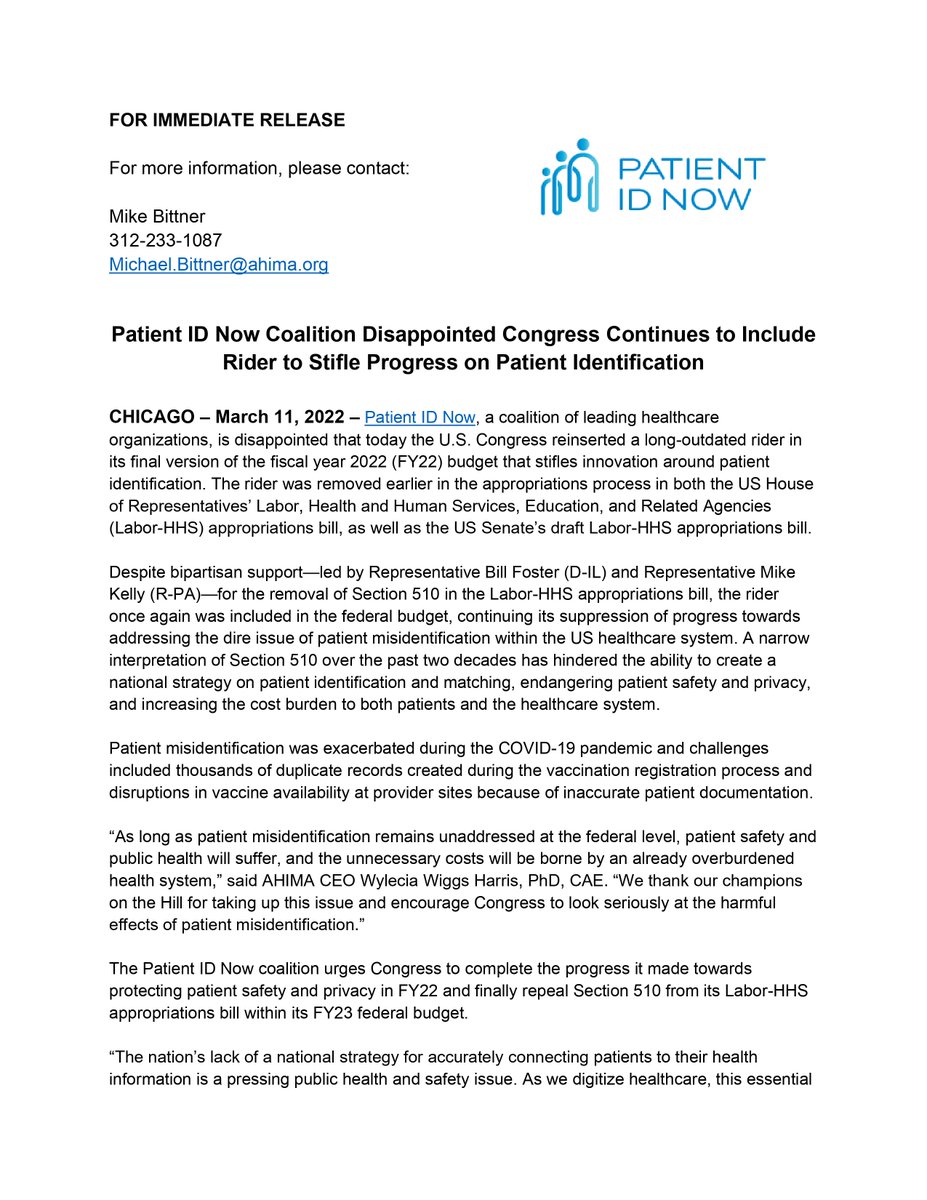 PatientidN's tweet photo. #PatientIDNow is disappointed that Congress reinserted Section 510 in the final version of the FY22 federal budget. Read the full statement here: https://t.co/zpF4N8hPu9 https://t.co/N7mcOkvGem