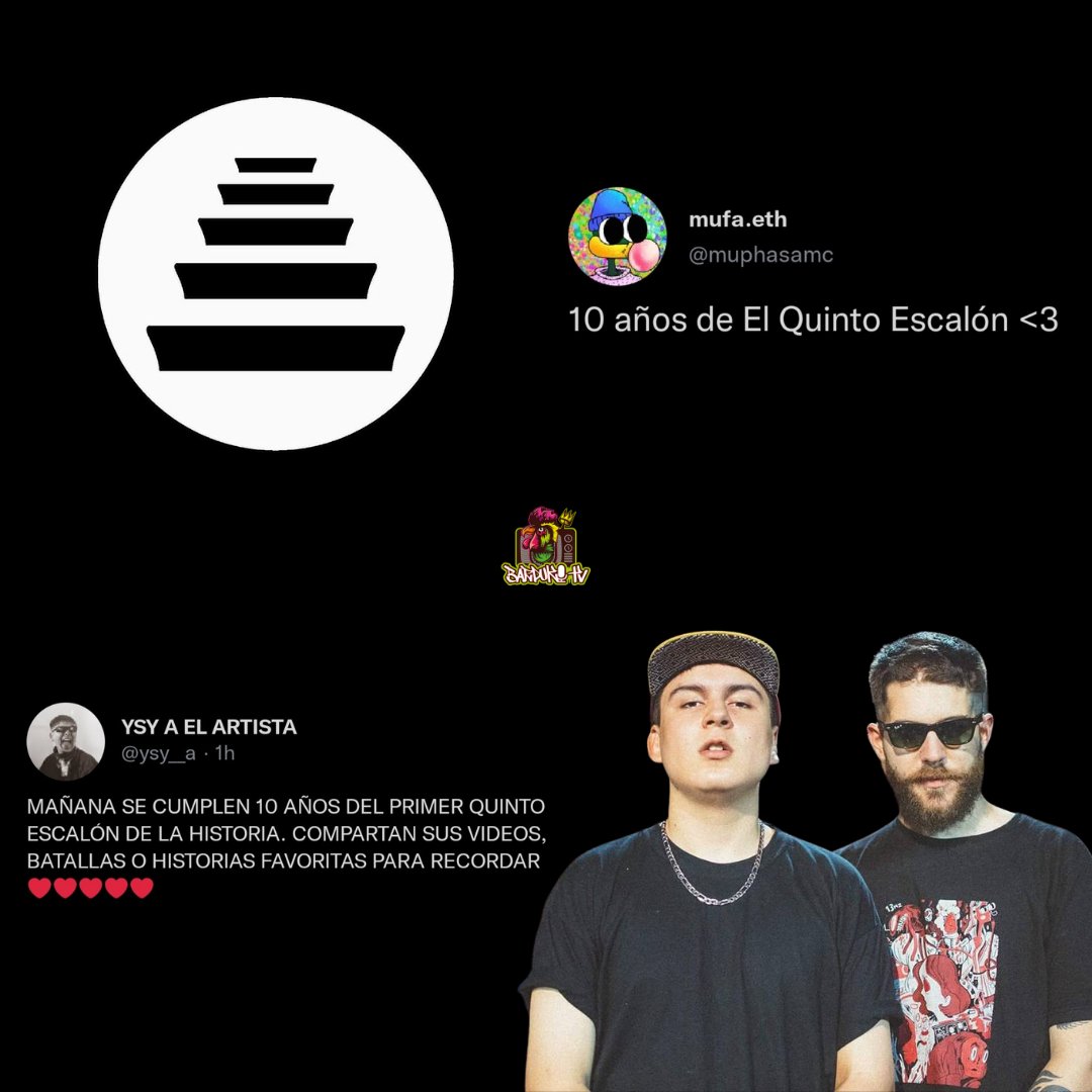 bardukitv's tweet photo. Felices 10 años de El Quinto Escalón, ya toda una década de una de las competencias más influyentes en la historia del freestyle. 🎂
#QuintoEscalón #Muphasa #YsyA @muphasamc @ysy__a https://t.co/Ycc3kZFZE0