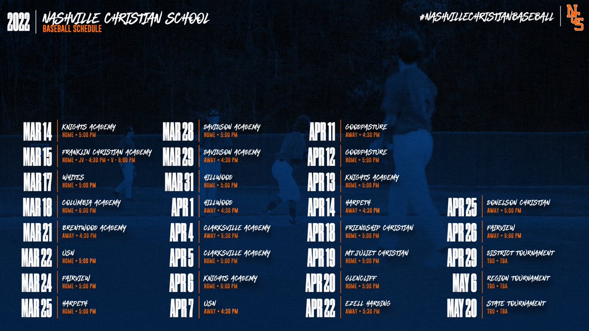 ⚾️ 2022 Nashville Christian Baseball Schedule Release ⚾️

Here’s who the Eagles will match up against this season!! 

#NashvilleChristianBaseball #WeAre #NC