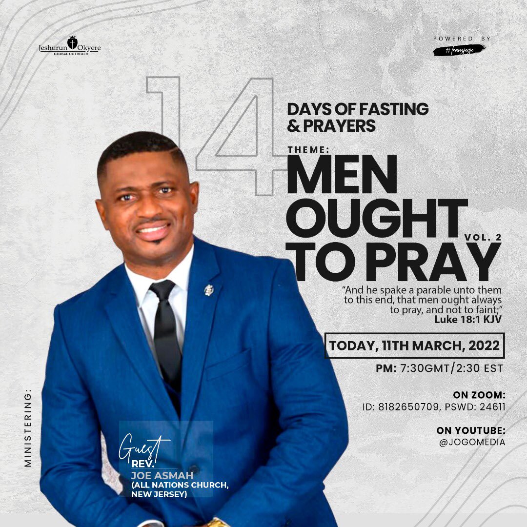 Tonight we receive on one of the finest gifts of God🔥🔥. Rev. Joe Asmah of @allnationsnj will be a blessing to us. You can’t miss out; see the flyer for more details and invite someone to be blessed🙏🏽 #MenOughtToPrayVol2 #ByTheSpirit @JeshrunEric @israelfugah @PrinceAAppiah
