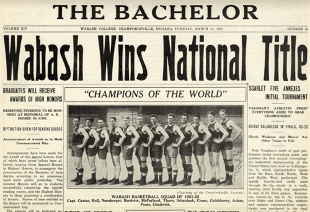 100YearsAgoNews's tweet image. March 11, 1922: Wabash College of Indiana wins the first national college basketball tournament, defeating Kalamazoo College, 43-23. The National Intercollegiate Basketball Tournament had invited 8 conference champions and one runner-up to take part; 2 teams declined. 1/2