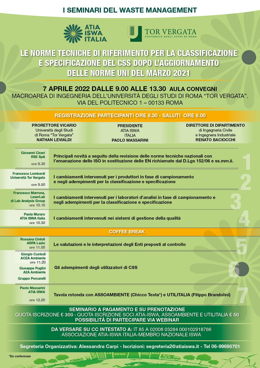 #AtiaIswa organizza con #UniversitàTorVergata un importante seminario sulla classificazione del #CSS
Vi aspettiamo
#Gestionerifiuti
#css2021 
#Economiacircolare