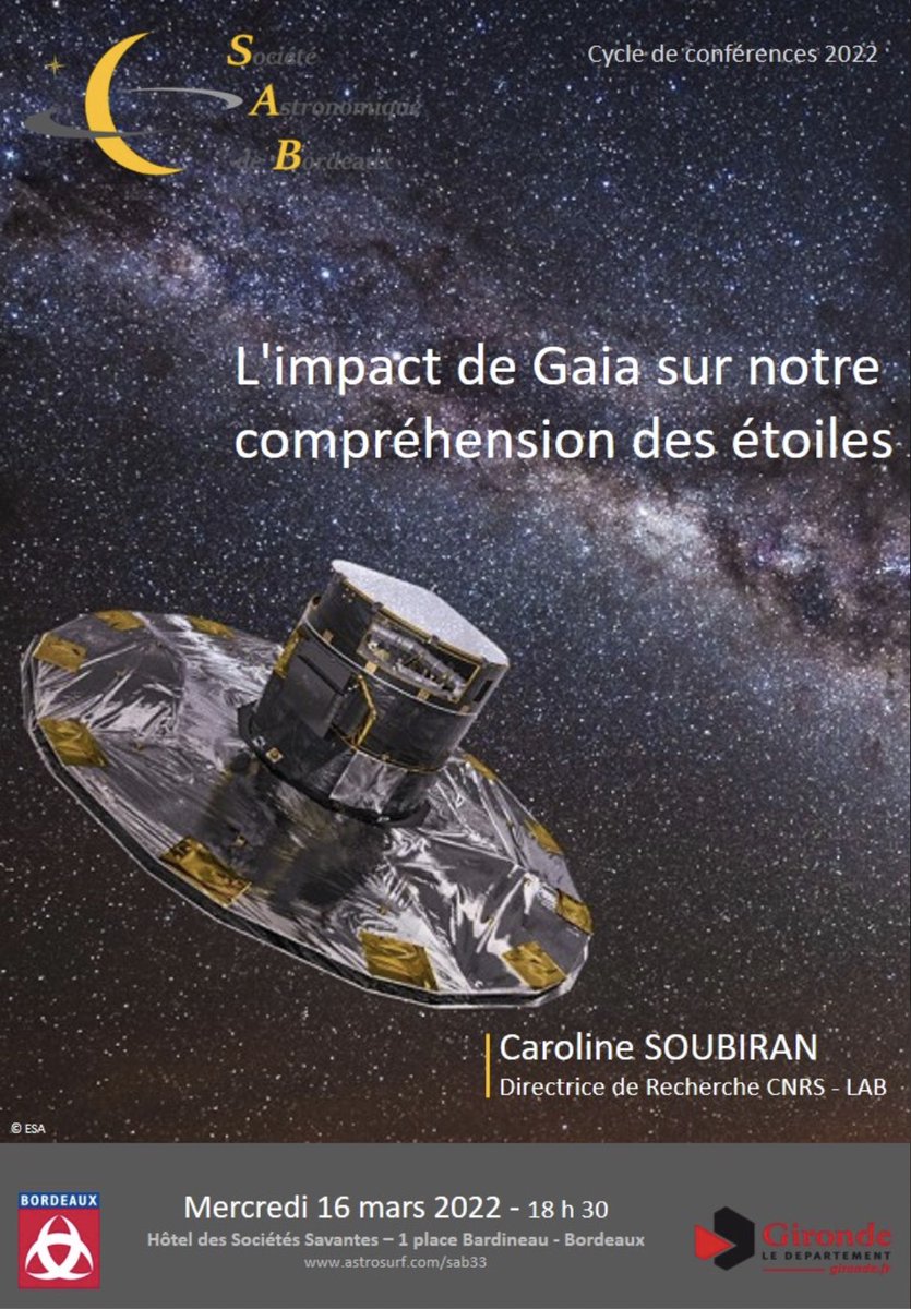 Le 16 mars à 18h30, conférence de Caroline SOUBIRAN, Directrice de Recherche au LAB : L'impact de Gaia sur notre compréhension des étoiles. À la Société Astronomique de Bordeaux. astrosurf.com/sab33/conferen… @OASUnivers @univbordeaux @CNRSAquitaine