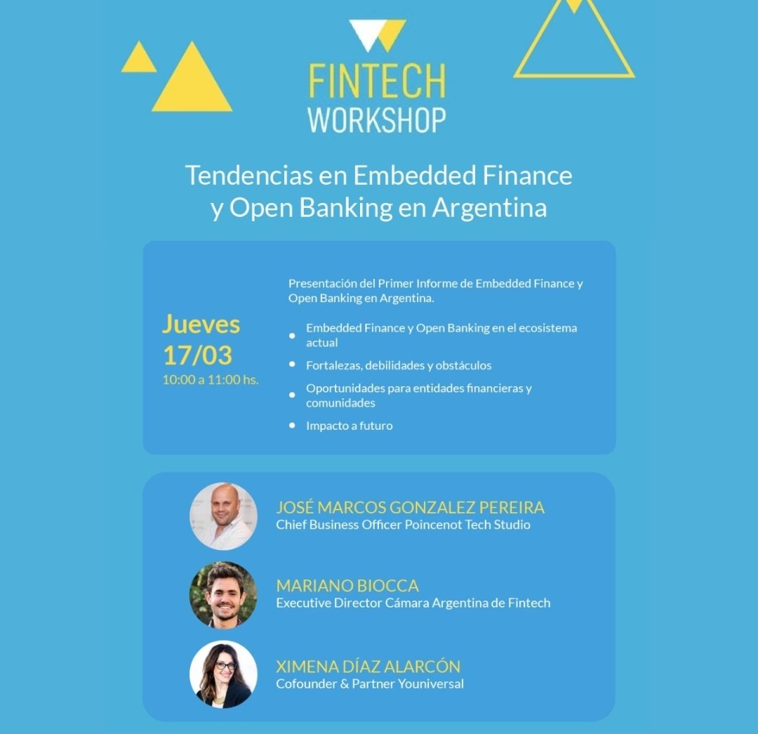 CamaraFintechAr's tweet photo. Primer #fintechworkshop del año organizado junto a @poincenotstudio sobre #finanzasembebidas y #openbanking
Participan José Marcos González Pereira, Ximena Díaz Alarcón y @marianobiocca
¿Cuándo? Jueves 17 a las 10 hs
Inscripciones:
https://t.co/h0Ws9H6pYl https://t.co/IO1sPkaW2D