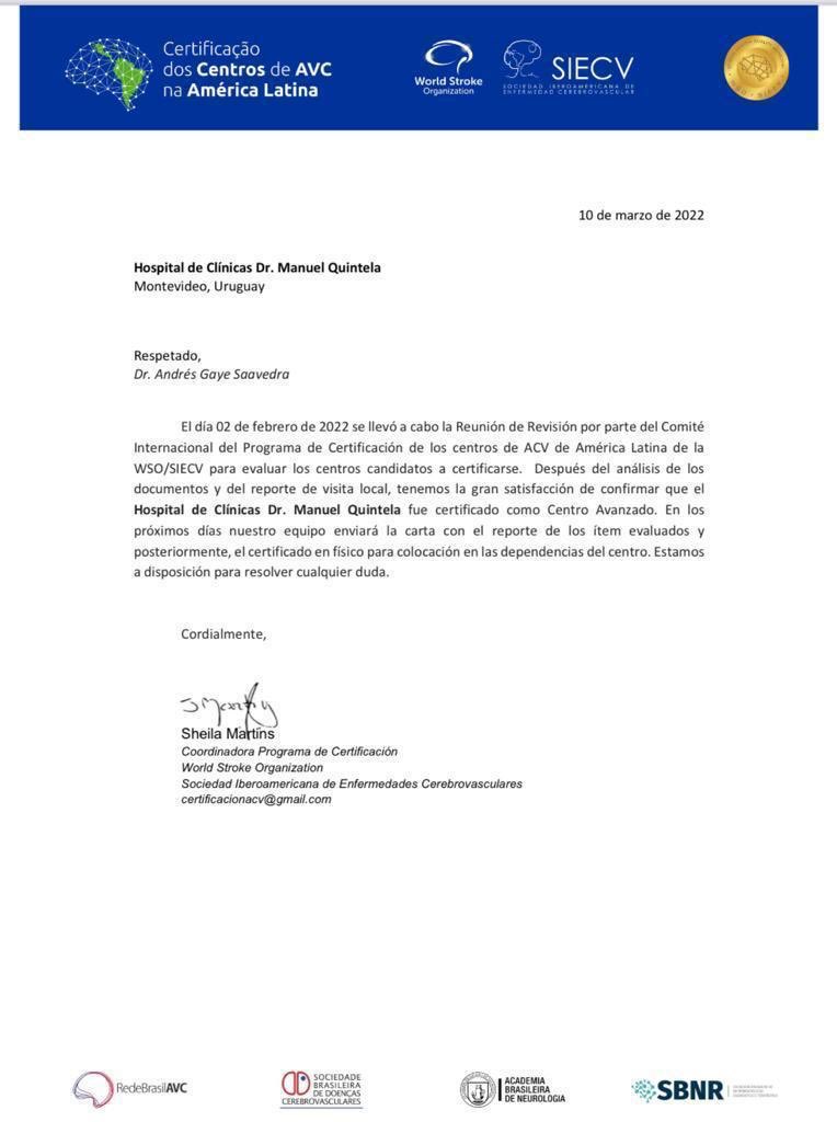 Felicitaciones a todo el equipo, a <a href="/gayeandres/">Andrés Gaye Saavedra</a> y a muchas personas de la cátedra de neurología que han hecho esto posible en más de 10 años de trabajo. Acreditación internacional de nuestra unidad ACV <a href="/hcmquintela/">Hospital de Clínicas Dr. Manuel Quintela</a> pionera en Uruguay.
A seguir con compromiso y profesionalismo 🧠👇🏻