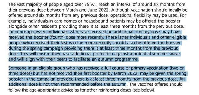 Immunosuppressed people - our Spring jab is now 3 months after our 4th.
Details on page 28 of chapter 14a of the Green Book