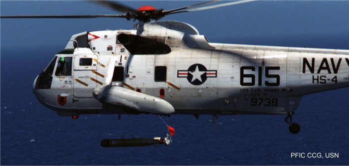 Happy First Flight Anniversary to the SH-3 Sea King helicopter, 3/11/1959!  This is our SH-3H dropping a MK-46 torpedo while attached to CVN-70 in 1987.  #sh3hseaking #helicopter #helo #avgeekery #avgeek #avgeeks #sikorsky #usnavy #flynavy