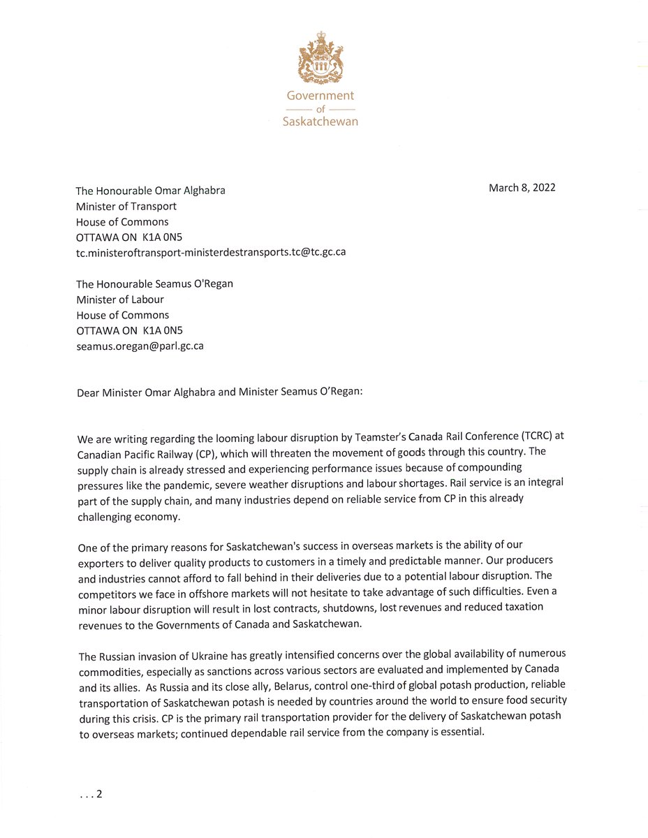 SKAgriculture's tweet photo. Saskatchewan Ministers are calling on the federal government to act swiftly to prevent the potential Canadian Pacific Railway labour dispute. https://t.co/roAA5TbJOr