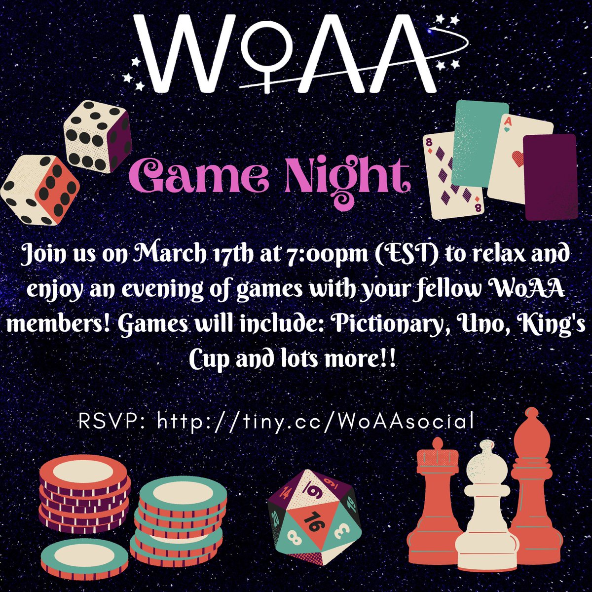 WoAA is hosting a game night! Join us next Thursday, March 17th at 7pm ET for some virtual fun and a chance to meet other WoAA members across the world. RSVP at tiny.cc/WoAAsocial for the Zoom link!