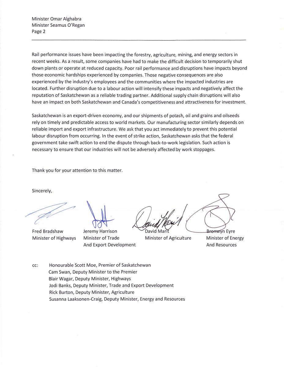SKAgriculture's tweet photo. Saskatchewan Ministers are calling on the federal government to act swiftly to prevent the potential Canadian Pacific Railway labour dispute. https://t.co/roAA5TbJOr
