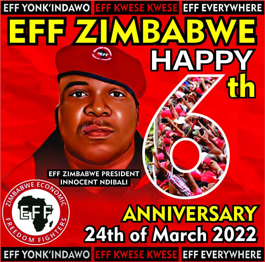 EFFSwazi's tweet photo. The Economic Freedom Fighters of Zimbabwe @effzimpolitics will be turning 6 years old on the 24th of March 2022, let us support each and every EFF chapters across the continent and the world. We salute you cde President @innocentndibali 
#EFFSWATURNS2 
#EFFZimTurns6 https://t.co/UfGtvnDPyB