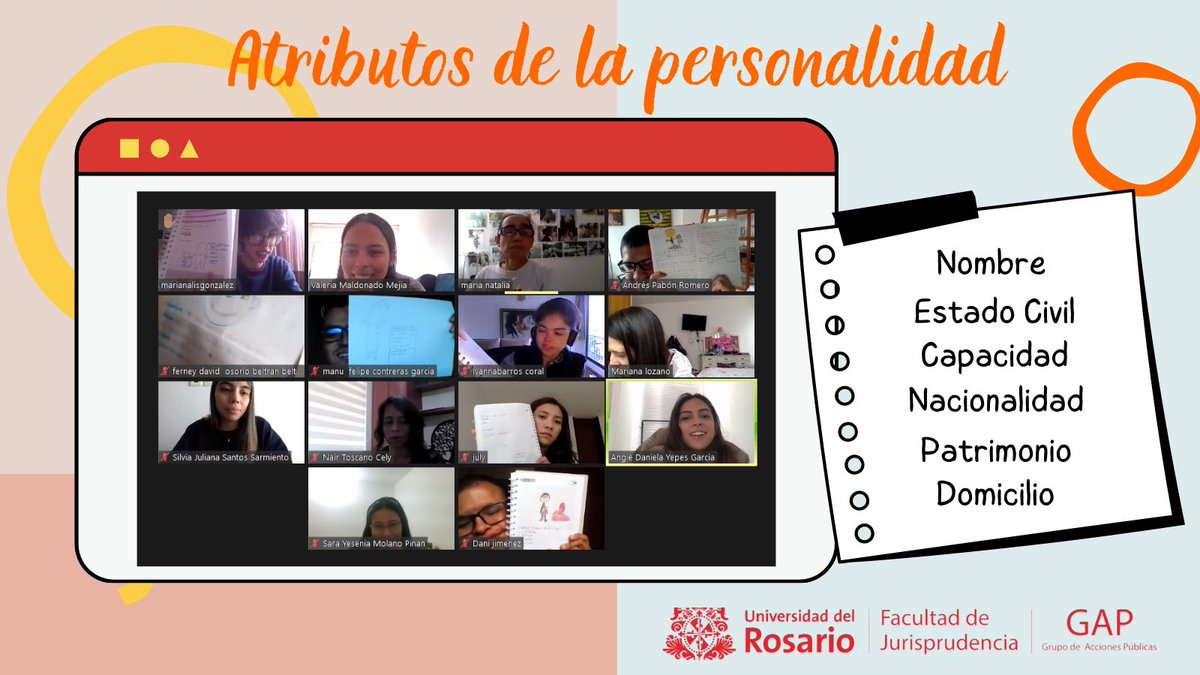 #EnseñandoAndo📝| La semana pasada, repasamos los atributos de la personalidad con los estudiantes del programa OAT de <a href="/URosario/">URosario</a> 

¡Cada día más cerca de convertirse en excelentes gestores de derechos!💛