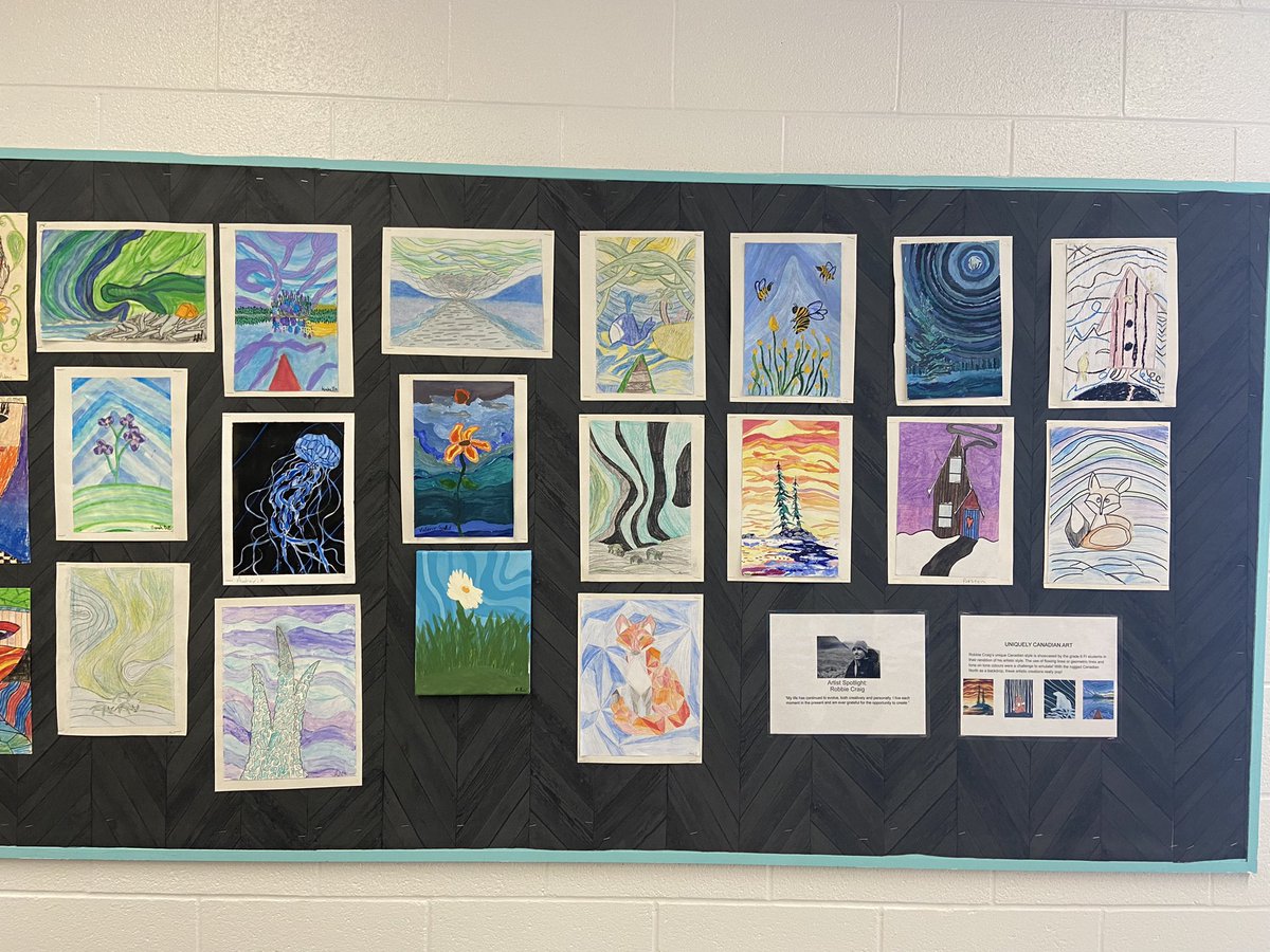 venditti_marisa's tweet photo. Spotlight on Canadian Artists this month! First up: The students learned about Robbie Craig - they used his style of flowing lines and tonal colours to produce beautiful works of art, reflective of our great Canadian North. #robbiecraig #grade6art @SayYcdsb #talentedstudents https://t.co/y7crmvH0Gd
