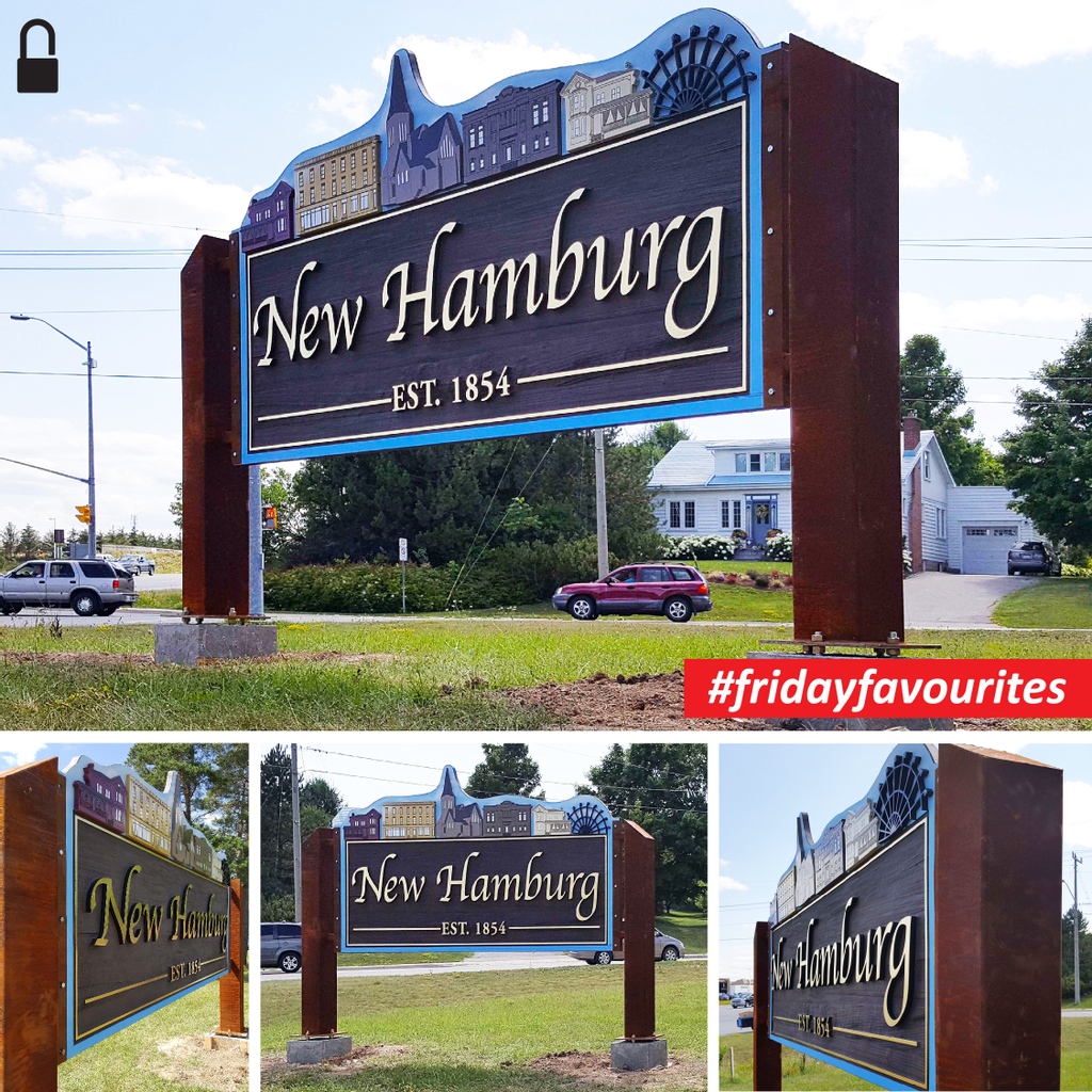 unLOCKEdCompany's tweet photo. This Friday Favourite post looks back at the town of New Hamburg's sign.
The sign was sandblasted and hand-painted with gold leaf with aged rusted poles to compliment the look....this project was definitely a favourite!
#signdesign #signpermits #newhamburg https://t.co/p3uur7bhlR